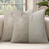 cygnus Faux Leather Patchwork Linen Checkered Plaid Throw Pillow Covers 18x18 Inch Set of 2 Netural Farmhouse Vintage Cushion Covers Modern Boho Home Decor for Sofa Chair Couch Bedroom,Beige