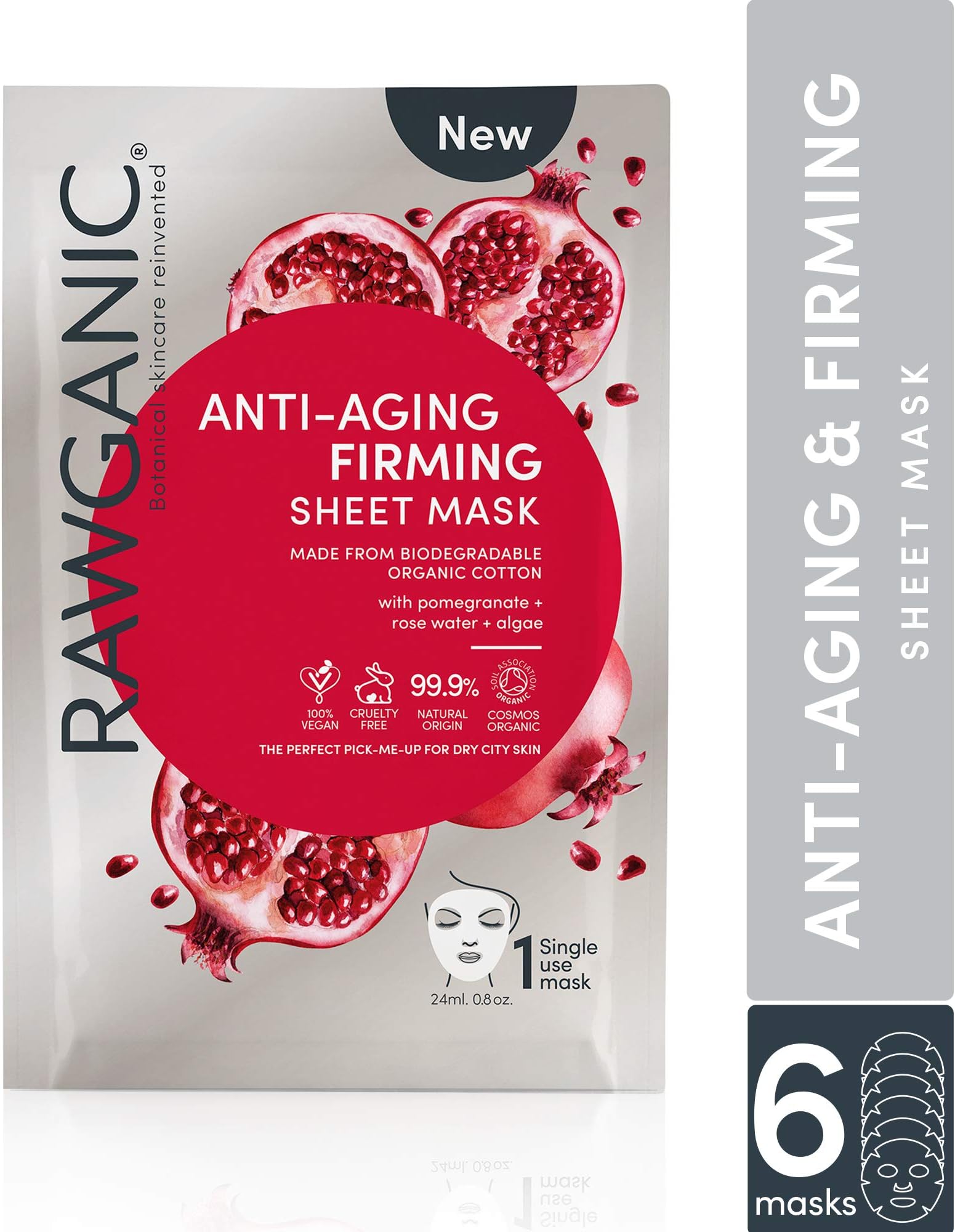 RAWGANIC Anti-aging & Firming Organic Sheet Mask | Gentle Hypoallergenic Biodegradable Organic Cotton Face Mask | with Pomegranate, Rose Water and Algae | 6 Face Masks