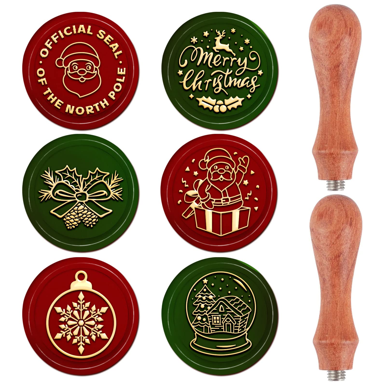 CRASPIRE Christmas Wax Seal Stamp Set, 6PCS Removable Sealing Brass Stamp Heads with 2pcs Wooden Handles Christmas Retro Sealing Stamp for X'MAS EVE Card Making Decoration Scrapbooking Embossing Album