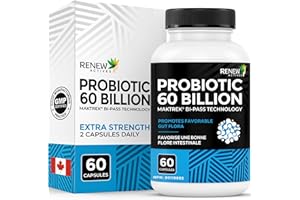 RENEW ACTIVES Probiotic Supplement for Digestive Health 60 Billion CFU per 2 Capsules - Advanced Formula with Prebiotic Benef