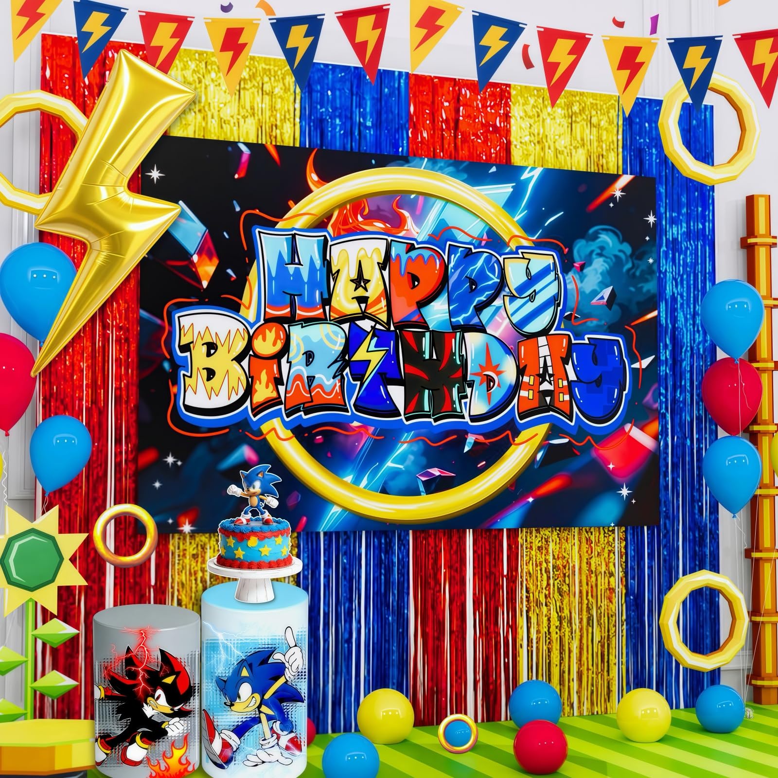 Photo 1 of Daidle Birthday Party Decorations – Supersonic Speed Lightning Foil Balloons & Fringe Curtains & Backdrop, Birthday Decorations Pack for Cool Game Party, Racing