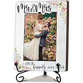 Wedding Picture Frame, Mr & Mrs Our Happily Ever After Wooden Picture Frame, Wedding Gifts for Newlyweds Couples, Anniversary Keepsake, 4 x 6 Inch with Rose Vine Design, Home Office Desk Decor-A09