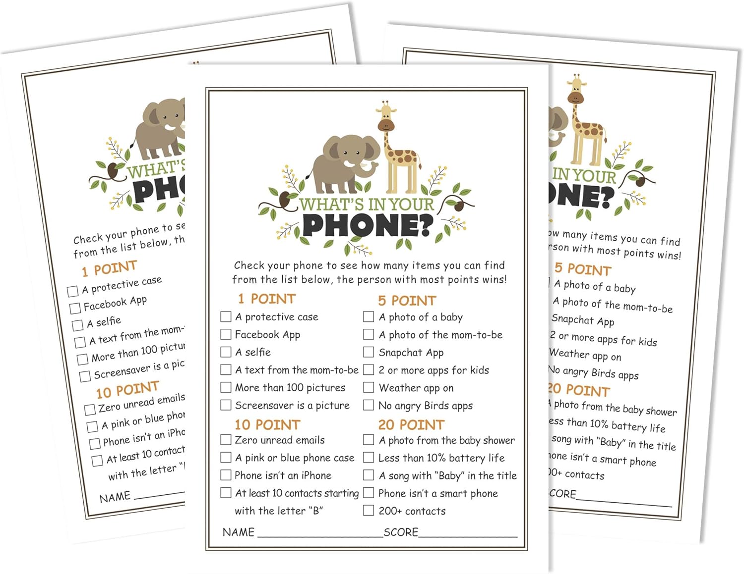 Amazon Com Inkdotpot 50 Sheets What S In Your Phone Baby Shower Game Cards Gender Neutral Activity Cards Party Idea Giraffe Elephant Baby Shower Party Supply Home Kitchen