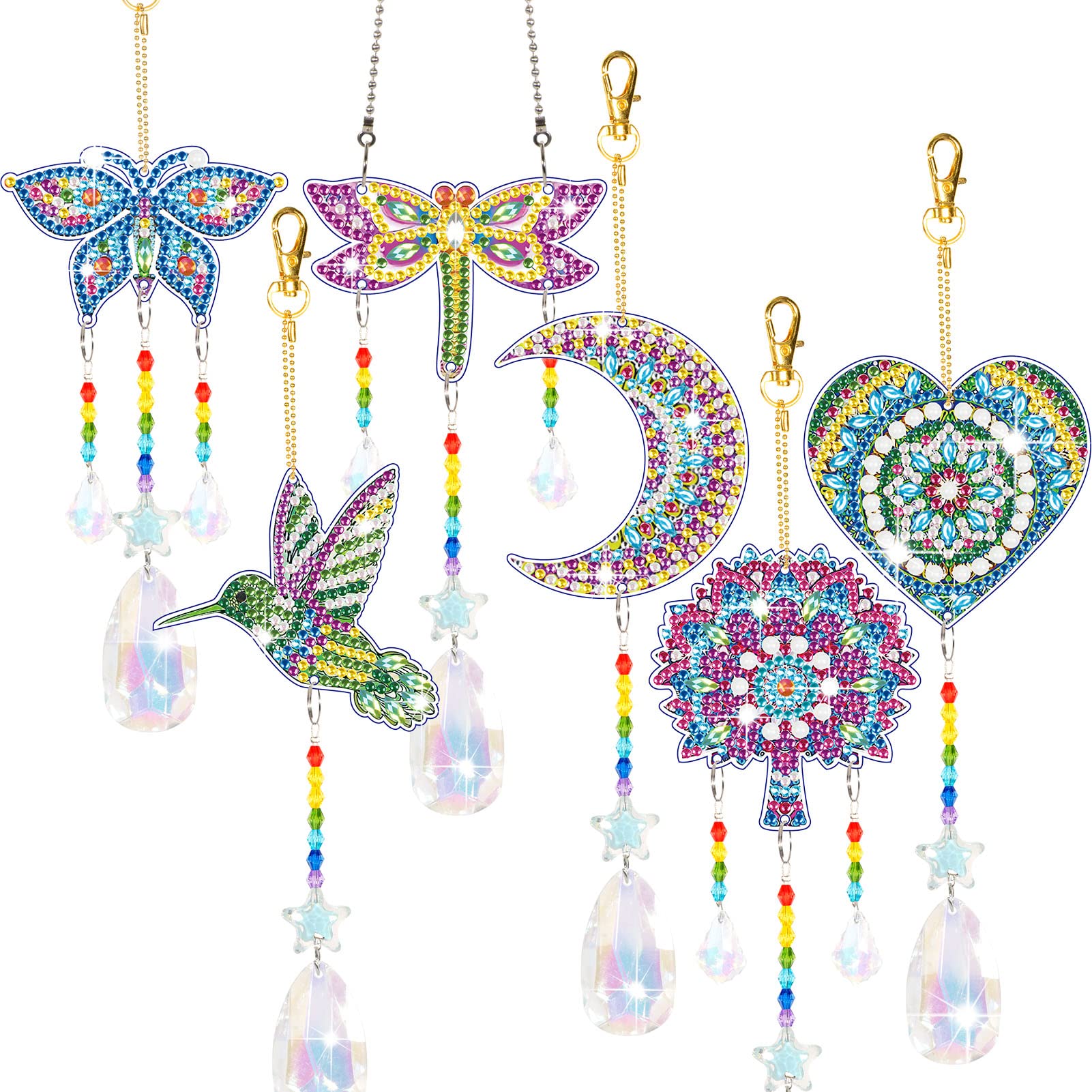 Photo 1 of 6 Pcs Diamonds Paintings Suncatcher, Double Sided 3D Diamonds Paintings Wind Chime Paint by Number, Diamond Paintings Hanging Ornaments for Adults Home Garden