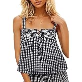 Burtell Women Cute Tie Front Plaid Crop Tank Tops Square Neck Sleeveless Gingham Camisole Tops Summer Backless Cropped Vest Black