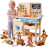 M MEEPO Large Kids Tool Bench, Kids Wooden Tool Set STEM Toy for Age 3-9 | CPSC / ASTM Approved; Large size for 2-3 kids play together; with 79 Colorful accessories; with Electric Drill, LED Light