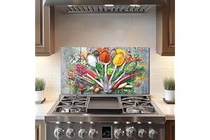DAIFURONGE Tempered Glass Backsplash For Kitchen Behind Stove,Wooden Spice Stove Backsplash Top Cover,Easy to Clean Glass Splashback, Sink Cover Splash Guard,Home Kitchen Wall Decor (30"x16"(76.2x40.64cm))