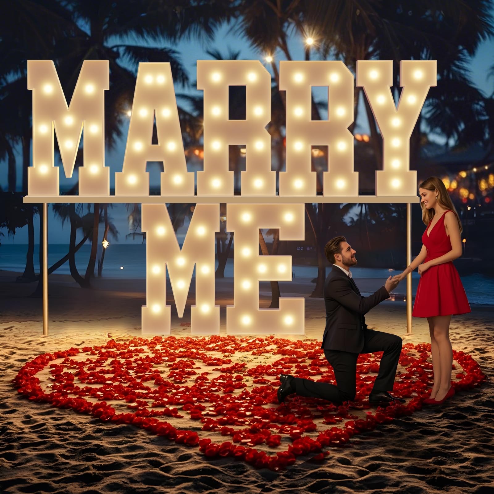 Photo 1 of Marry Me Light Up Letters: Will You Marry Me Sign Marquee Letters 3 Feet Tall Yellow Lit Proposal Decorations Outdoor Large Engagement Wedding Party Decorations Kit with 2000 Pcs Rose Petals