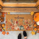 CYJOVIN Pumpkin Floral Coir Doormat 17x30Inch, Scalloped Autumn Welcome Mat | Non-Slip Heavy Duty Backing Coir Fiber Cute Front Door Mat, Doormat for Outside Entrance Porch Decor
