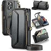 Strapurs Wallet Case Compatible with iPhone 14 RFID Blocking 7-Card Holder Soft PU Leather Magnetic Snap Shoulder Strap Zipper Pocket Phone Case Fit for iPhone 14 for Women 6.1" - Black