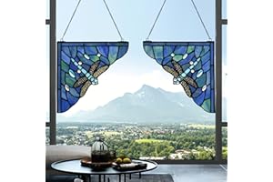 YOURANJU Sea ​​Blue Dragonfly Stained Glass Window Hanging 2 Pieces 10" Window Corner Tiffany Style Animal Window Panel Perfect for Living Room Bedroom Kitchen Window Decoration Hangings with Chain (Blue Dragonfly)