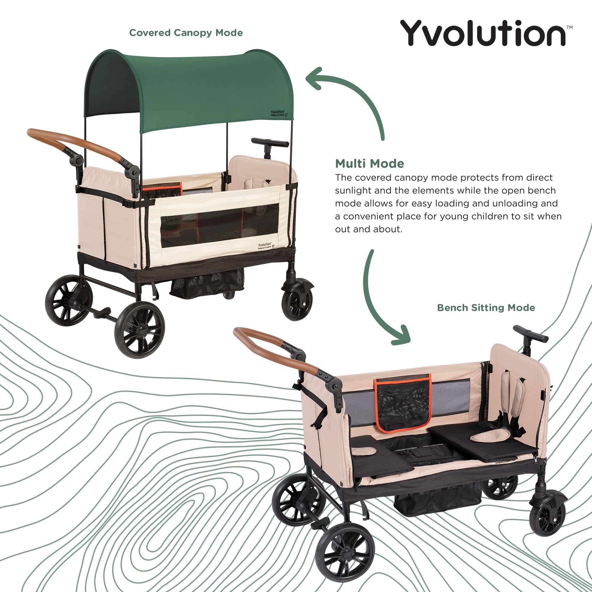 Yvolution Easy Fold & Store Wagon with Canopy – Collapsible 2-Seater Stroller Wagon for Kids, Adjustable Push/Pull Handles, Front Zipper Door, 360° Steering – Ages 12 Months+, Max 35kg