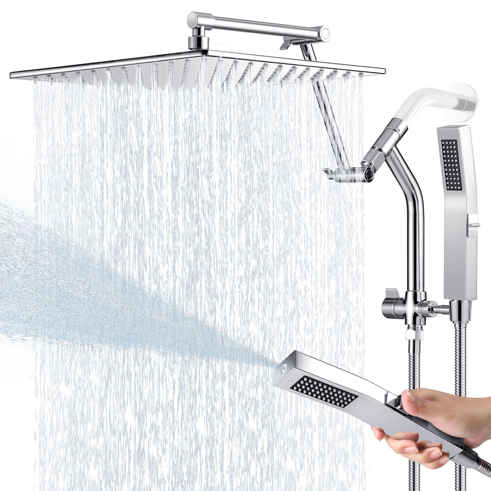 Photo 1 of All Metal 10 Inch Rain Shower Head with Handheld Built-in Power Wash Mode, High Pressure Waterfall Rainfall Square Shower Heads with 16" Adjustable Extension Arm, Dual Showerhead(Chrome)