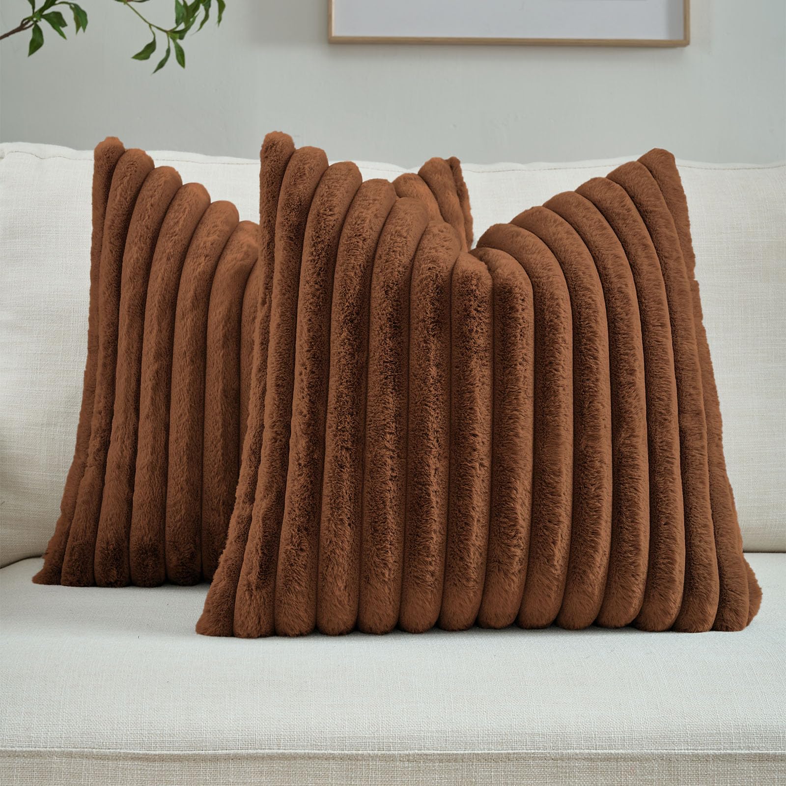 FUTEI Rust Throw Pillow Covers Set of 2, 26x26 Inch Soft Faux Rabbit Fur Striped Texture Euro Pillow Shams, Modern Decorative Couch Pillows for Living Room Bed Image