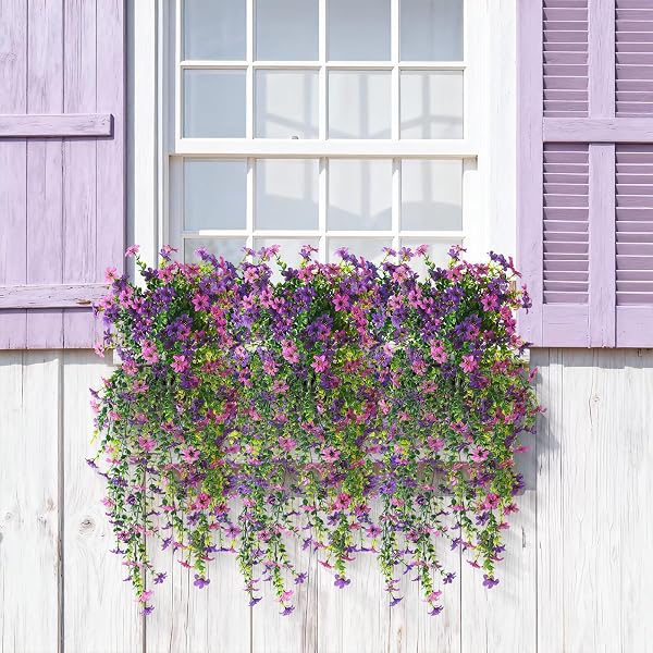 ARTIFICIAL HANGING FLOWERS FOR OUTDOORS, 2 PCS FAKE HANGING PLANT SPRING SUMMER DECOR, UV RESISTANT NO FADE REALISTIC FAUX FLOWER FOR FRONT DOOR PORCH PLANTER PATIO GARDEN YARD(DOUBLE PURPLE)