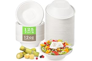 Gezond 125 Pack Compostable Bowls 12 oz Disposable Paper Bowls Eco-Friendly Sugarcane Bowls Natural Biodegradable Bowls for H
