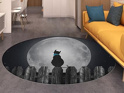 Tapis Rond Lune Silhouette Dun Chat Regardant La Pleine
