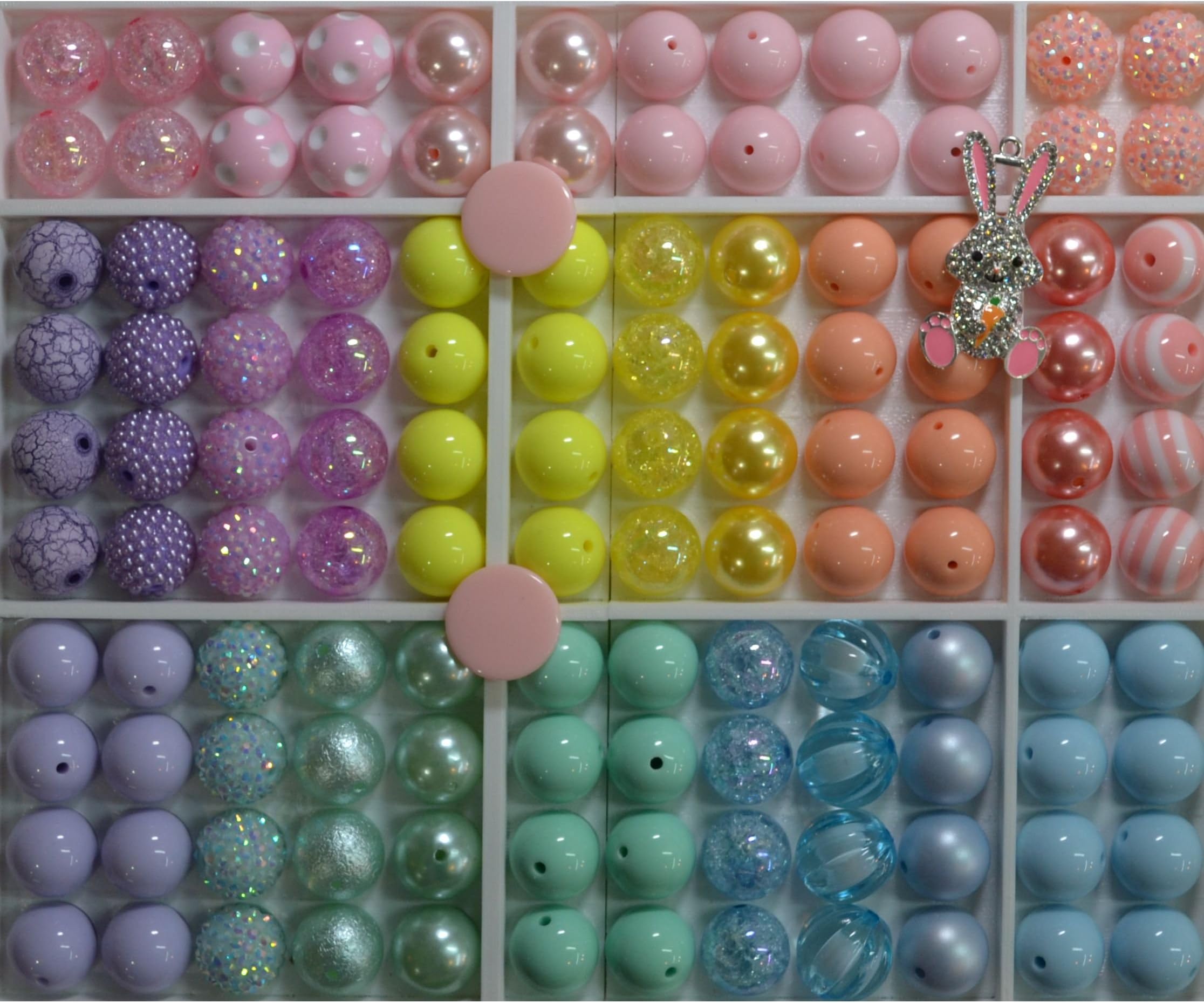 Spring Easter Themed Bulk Party Mix of 20mm Acrylic Bubblegum Beads in Pastel Colors with Bunny Rhinestone Pendant