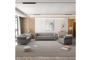 ORRD 3 Piece Living Room Set, Chesterfield Leather Sofa Loveseat Couch Chair with Scroll Arms and Nailhead for Living Room, Office (Grey)