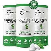 The Humble Co. Chewable Toothpaste Tablet with Fluoride - Mint | Bite Chew Brush, Zero Water, Plastic Free Toothpaste Tabs - Travel-Friendly, Waste-Free Dental Oral Care Hygiene - 180 Count