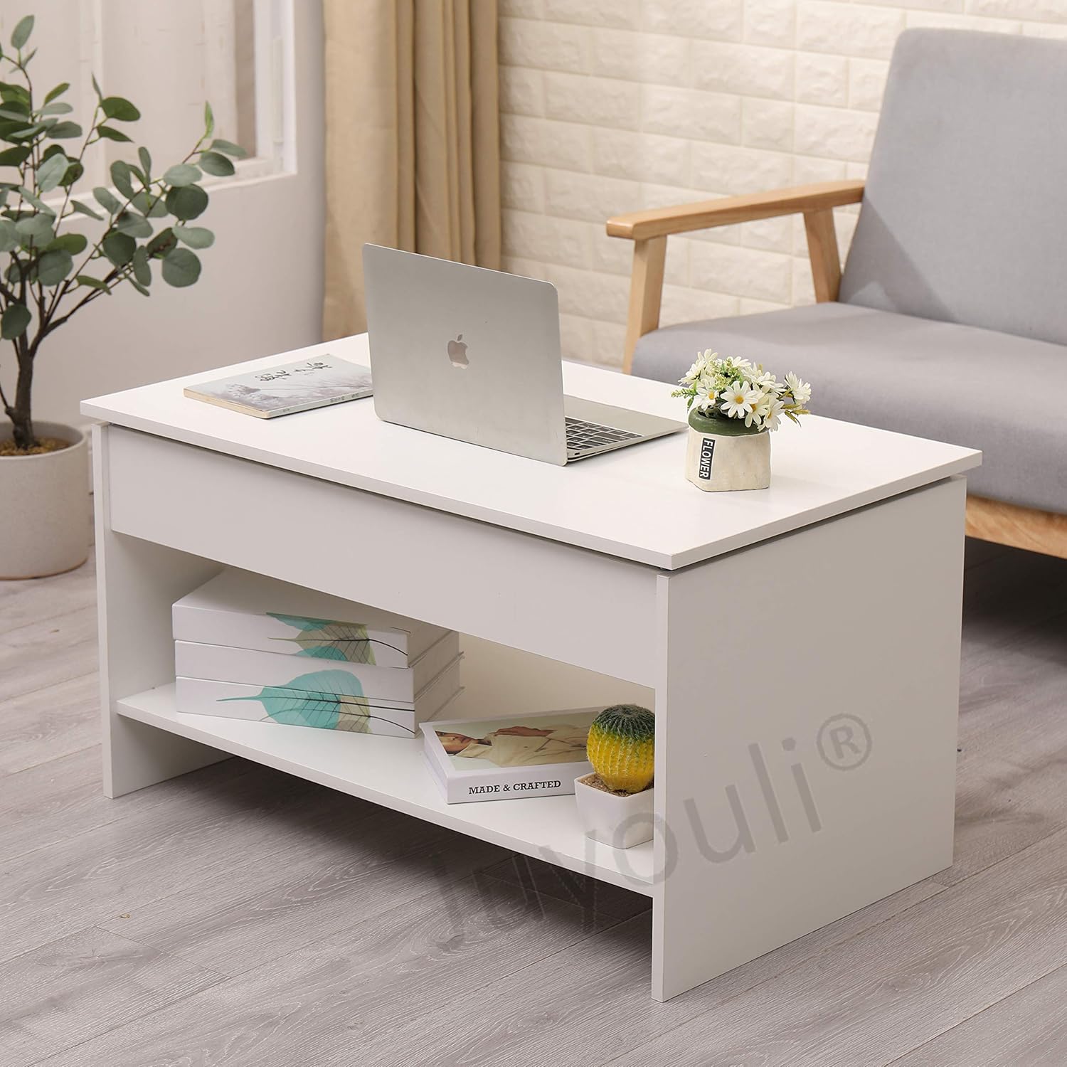 Juyouli Modern Living Room Lift Up Top Coffee Table Desk With Undershelf Hidden Storage Area In