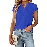 Blooming Jelly Women's Dressy Casual Tops Business Work Blouses White Button Down Shirts Cap Sleeve V Neck Tshirt