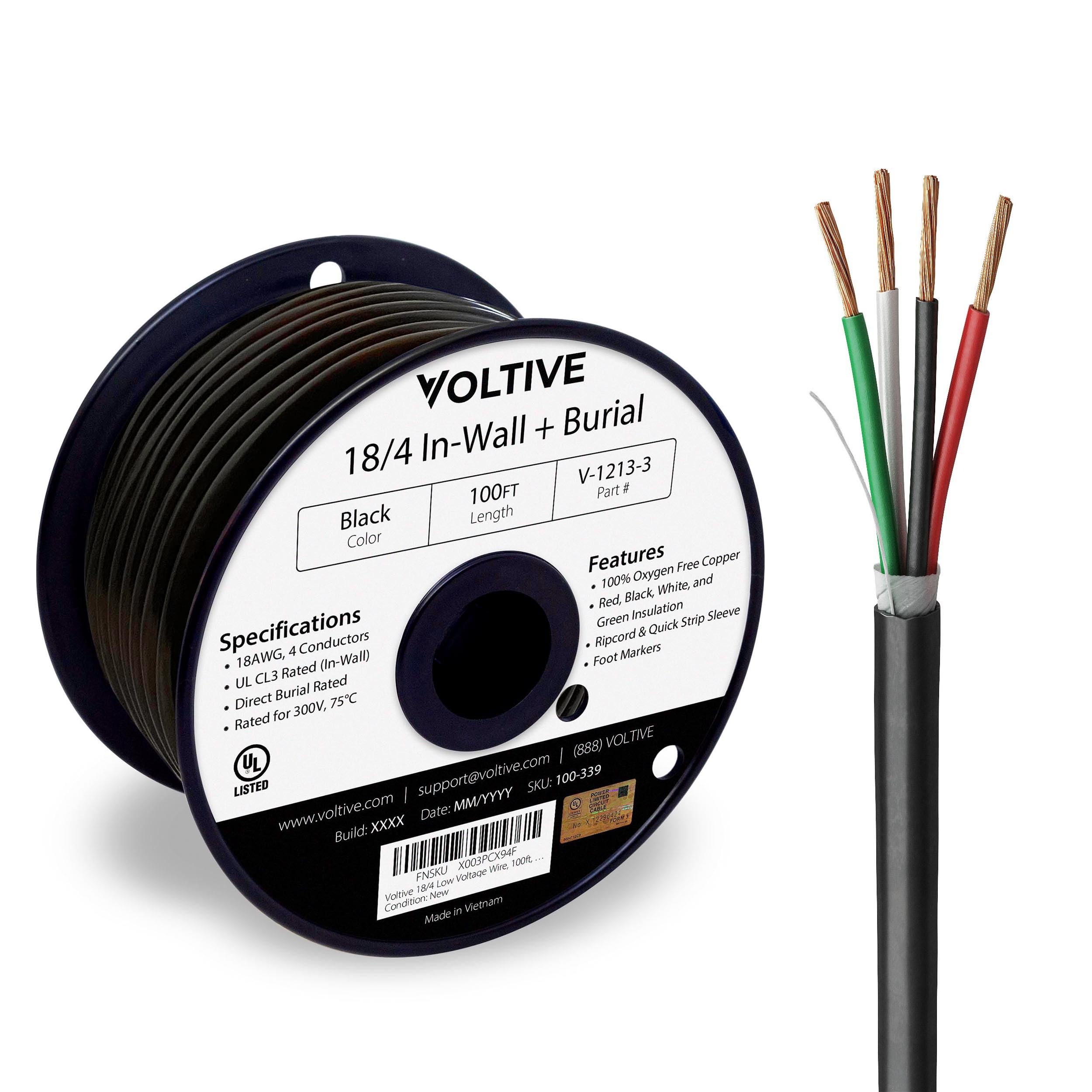 Voltive 18/4 Low Voltage Wire, in-Wall CL3 & Direct Burial, Black, 100ft - 18AWG, 4 Conductors, Stranded Bare Copper, UL Listed - V-1213-3 Image