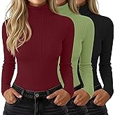 Velvelhall 3 Pack Women’s Ribbed Turtleneck Tops Long Sleeve Cotton Stretch Shirts Slim Fit Base Layer Undershirt Tees