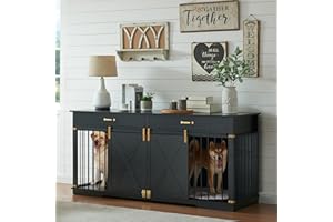 EDYO LIVING 72.5" Extra Large Furniture Style Double Dog Crates for Large Breeds, XXL Wooden Dog Kennel Furniture with Drawers, Divider, Water Resistant & Barn Door for 2 Dogs, Black
