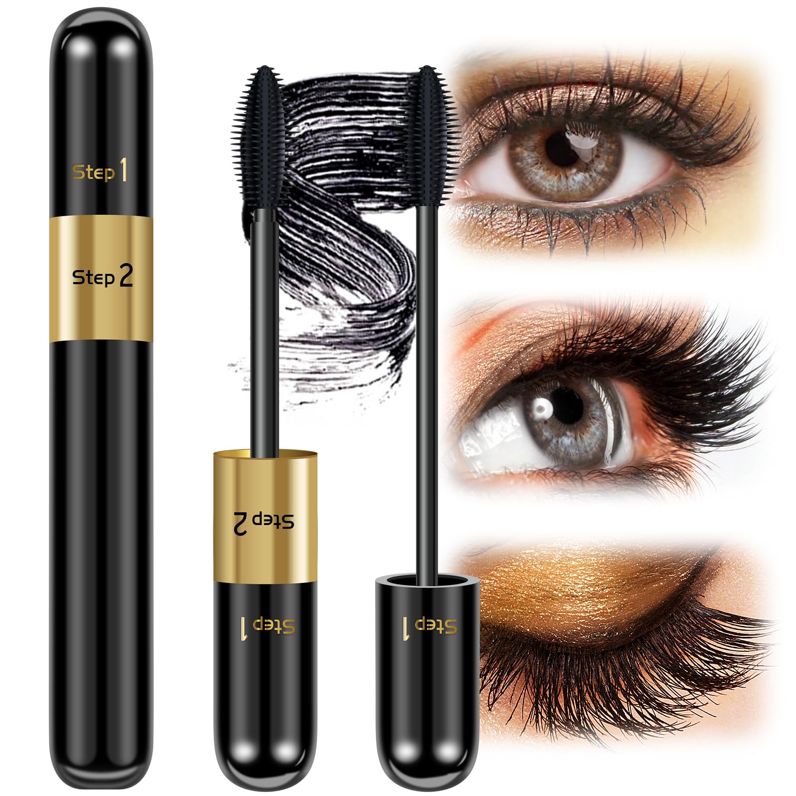 Mascara Black Waterproof, 2 in 1 False Lash Effect Mascara 5x Longer Curling,Smudge Proof Long Lasting 4D Silk Fiber Mas cara for Makeup (Black)