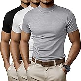 Ficerd 3 Pack Men's Turtle Neck Shirts, Short Sleeve Mock Turtleneck T Shirts Knitted Slim Fit Basic Undershirt Tops, Medium