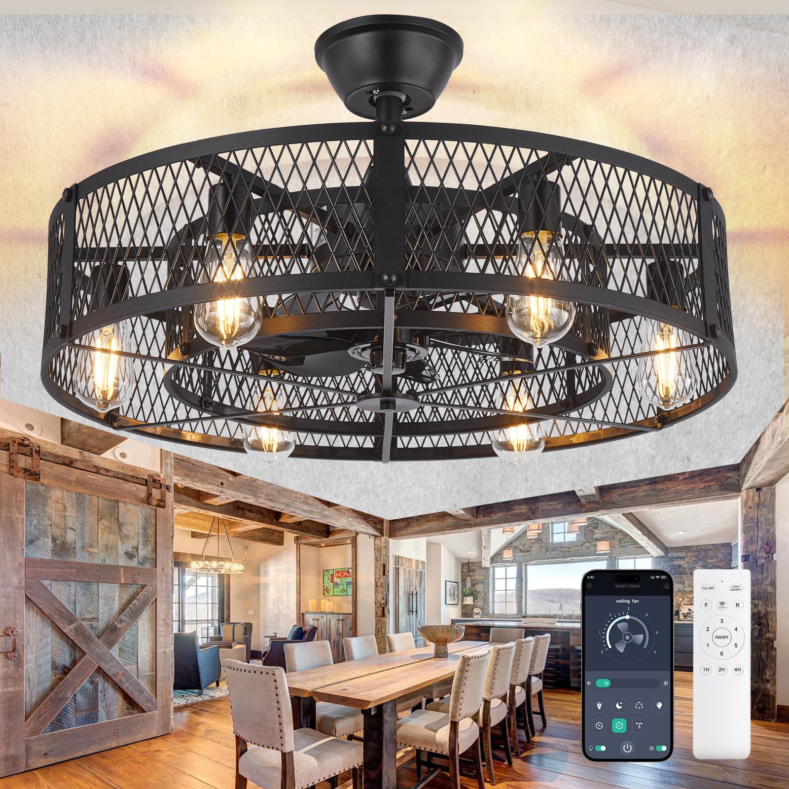 Photo 1 of DLLT Caged Ceiling Fan with Lights: 26" Bladeless Fandelier Ceiling Fans with Light and Remote - Black Industrial Chandelier Enclosed Fan Light for Bedroon Living Dining Room Kitchen