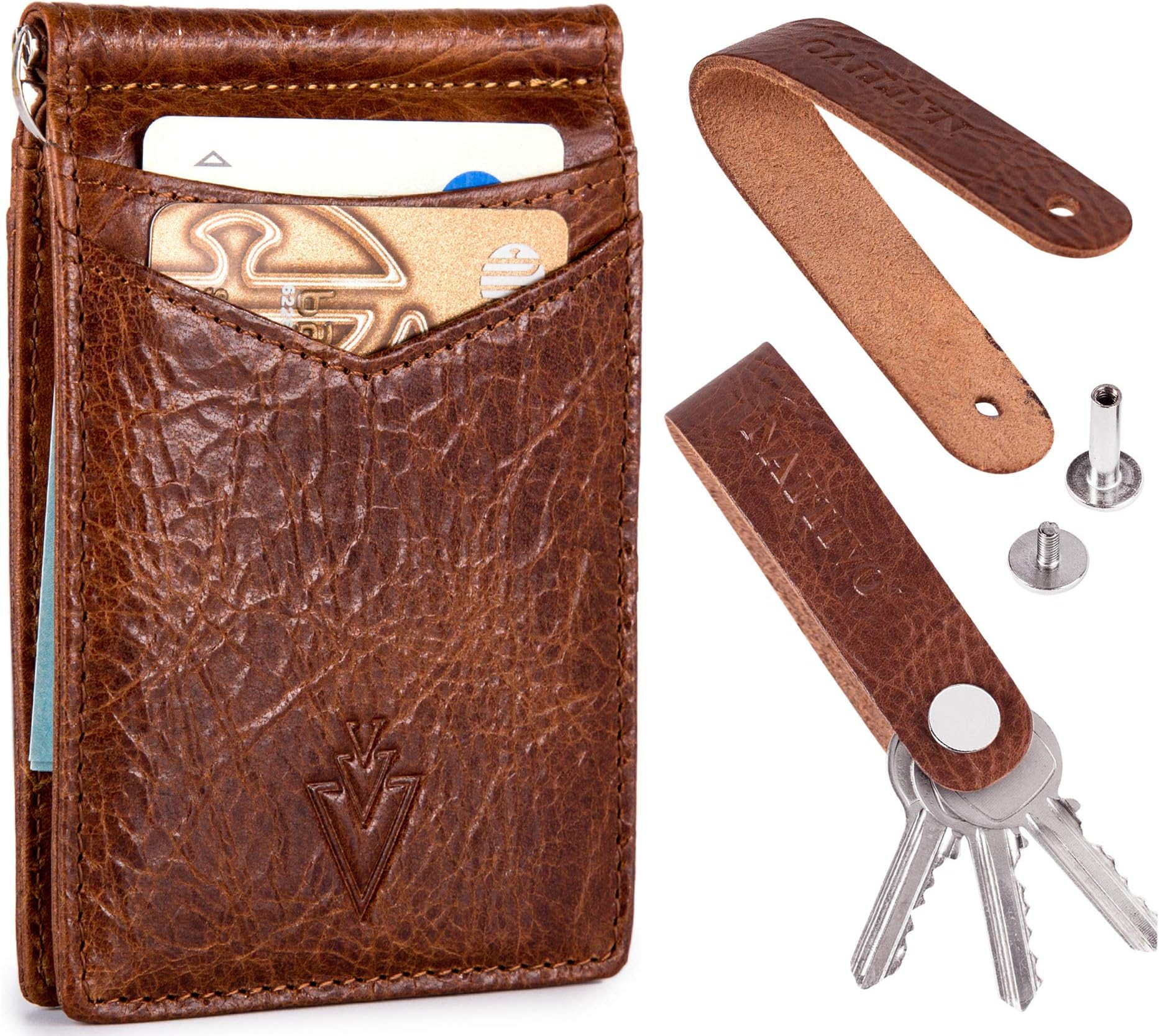 Men's Leather RFID Money Clip Slim Wallet with Leather Keychain