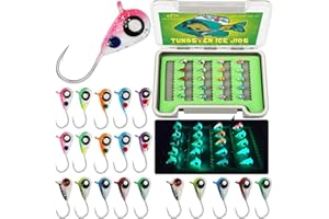 LUCKYFISHING Tungsten Ice Fishing Jigs 20pcs/60pcs Ice Fishing Lures Glow in Dark 1/16oz (1.85g) Crappie Lures Ice Fishing Gear for Panfish Walleye Crappie Ice Fishing Gift