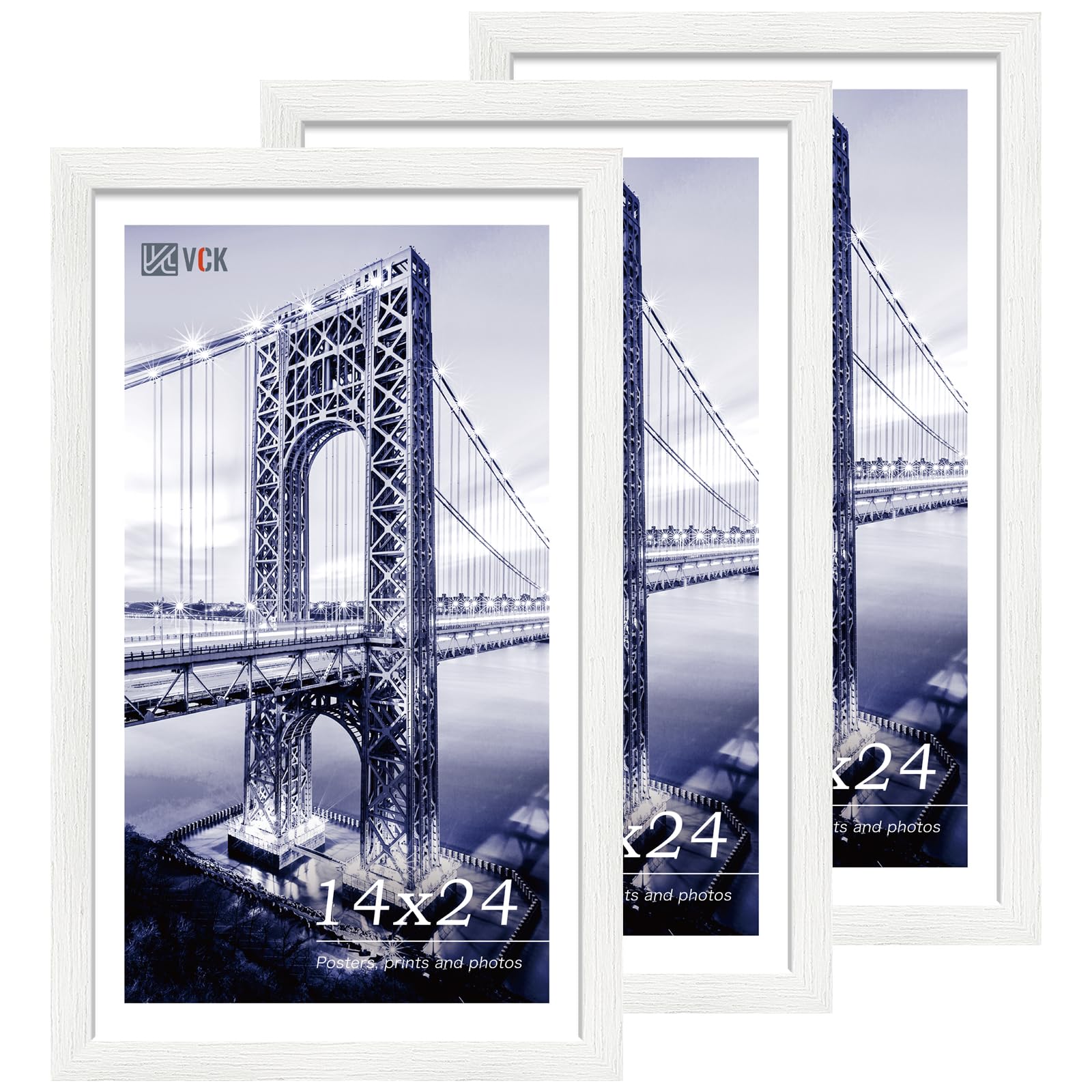 VCK 14x24 Frames 3 Pack, White Poster Frame MDF Wood with Polished Plexiglass, Wall Mounting Horizontal & Vertical Display Image