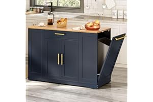 YITAHOME 53 inch Large Rolling Kitchen Island with Trash Can Storage Cabinet, Portable Mobile Islands Table Long Floating Movable w Wheels Cabinet for 13 Gallon Garbage Bin 2 Drawer, Navy Blue