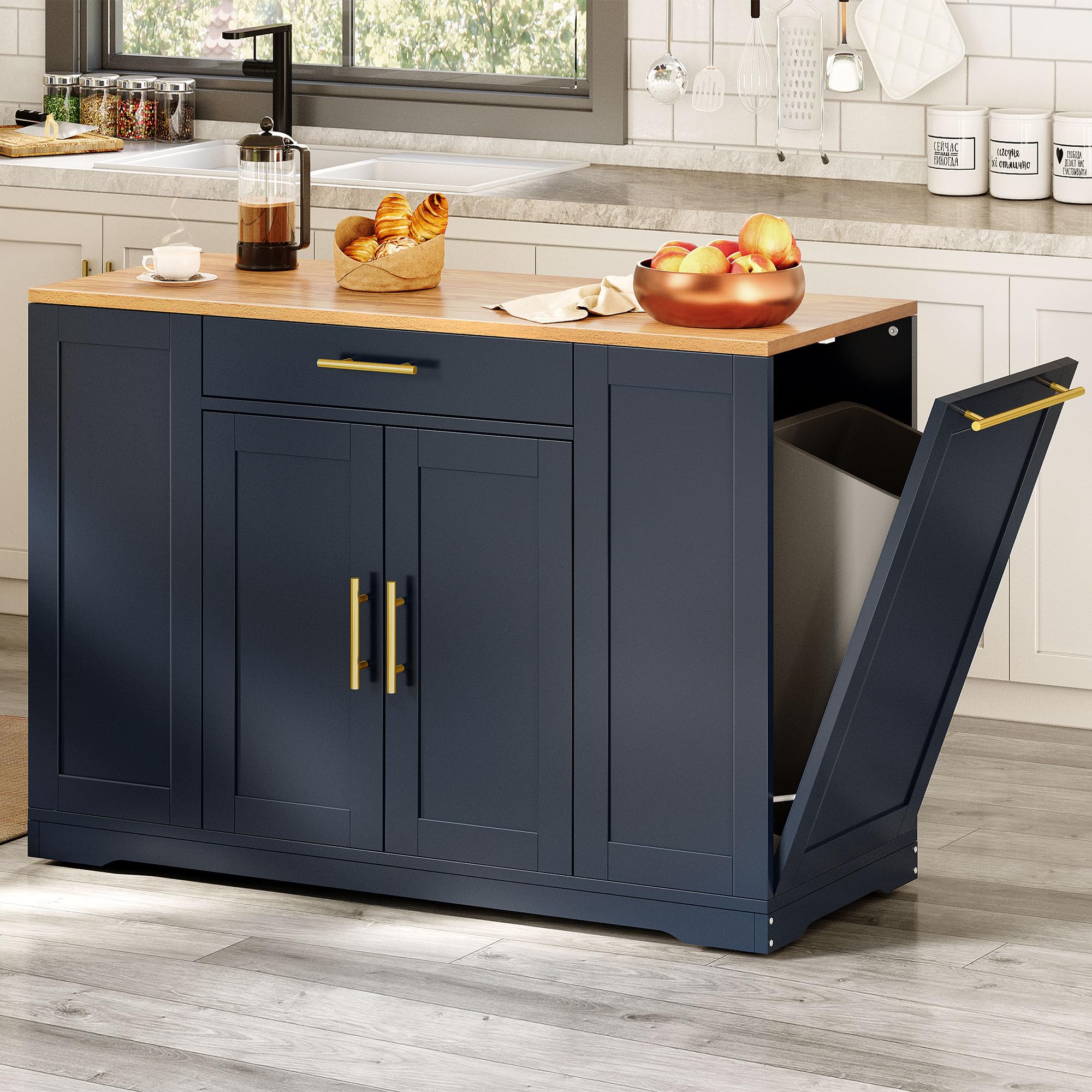 Photo 1 of YITAHOME 53 inch Large Rolling Kitchen Island with Trash Can Storage Cabinet, Portable Mobile Islands Table Long Floating Movable w Wheels Cabinet for 13 Gallon Garbage Bin 2 Drawer, Navy Blue