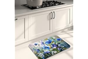 Floral Kitchen Mats for Floor, Blue Flowers Vintage Soft Mats, Spring Cushioned Comfort Washable Non Slip Decor Rugs for Kitc