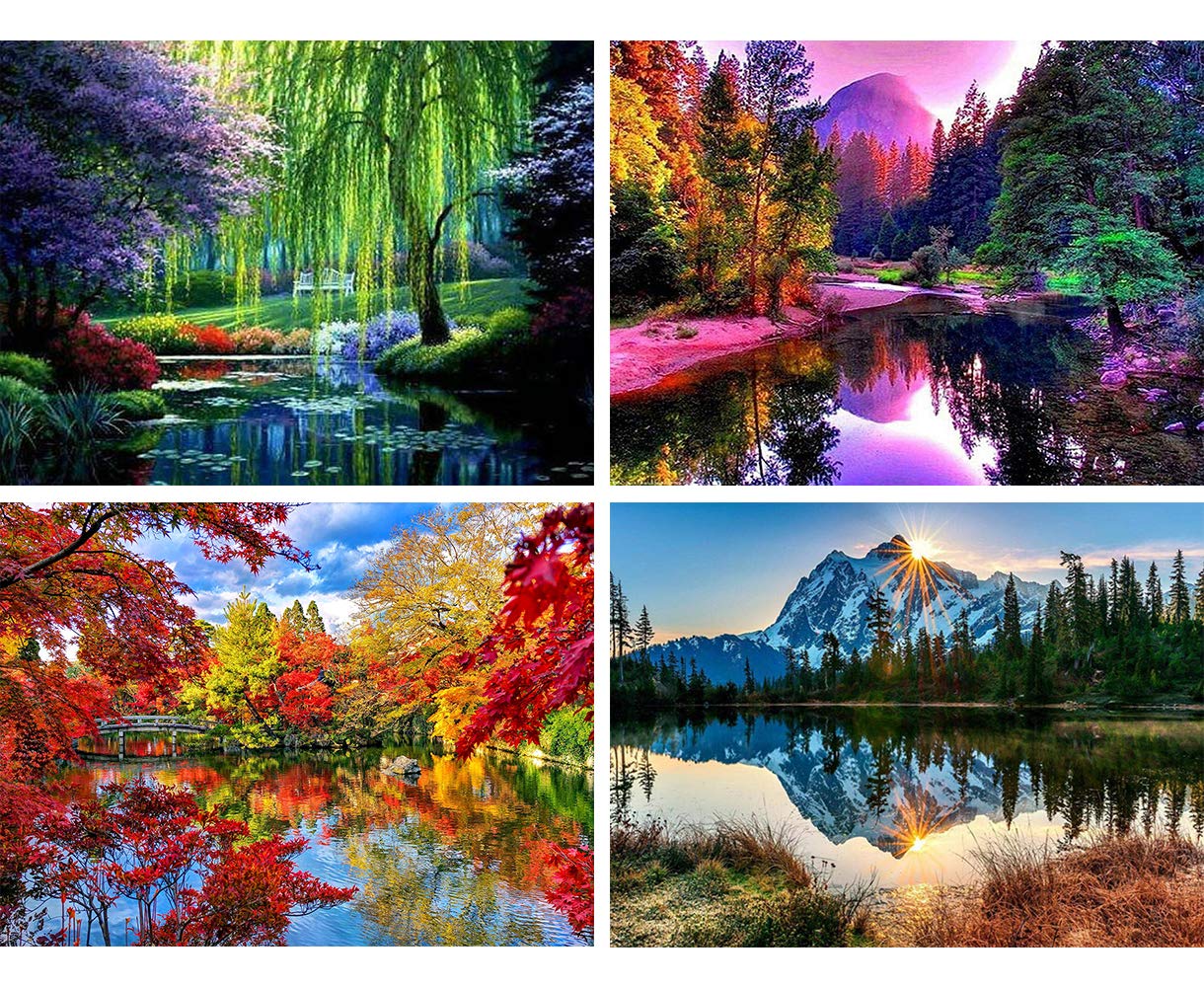 Bimkole 4 Pack 5D Diamond Painting Kits for Adults Landscape, Full Drill Spring DIY Rhinestone Embroidery Set Paint Diamonds Art with by Number Kits Cross Stitch Home Wall Craft Decoration (12x16inch)