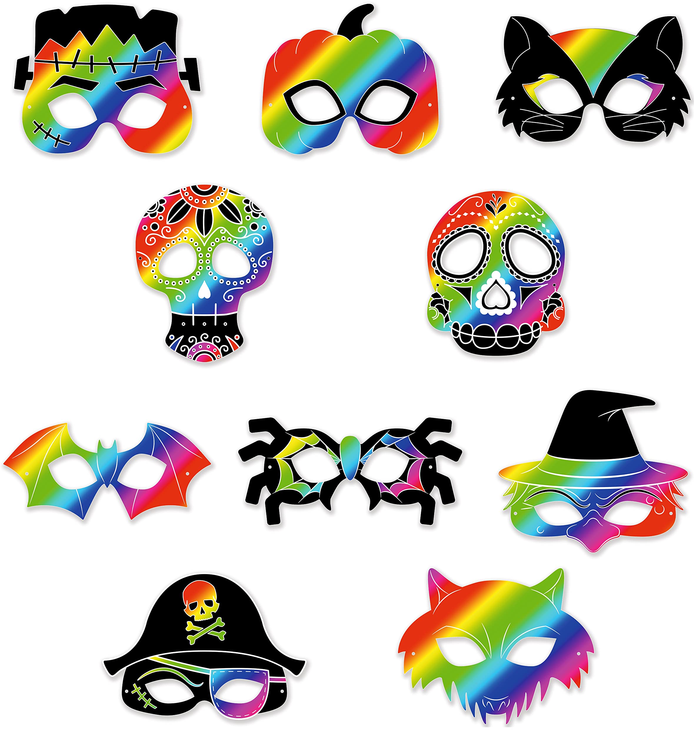 abeec Halloween Scratch Art Masks | Spooky Rainbow Craft Kit for Kids | Creative Party Activity with 10 Masks, Tools & Bands