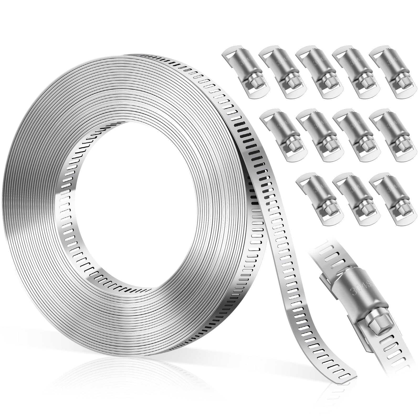 Bolatus Hose Clamp 5M/16.4 Feet, Hose Clips 304 Stainless Steel DIY Worm Clamp with 12pcs Fasteners Adjustable Hose Pipe Clips Large Pipe Clamps Assortment for Tube and Fuel Line