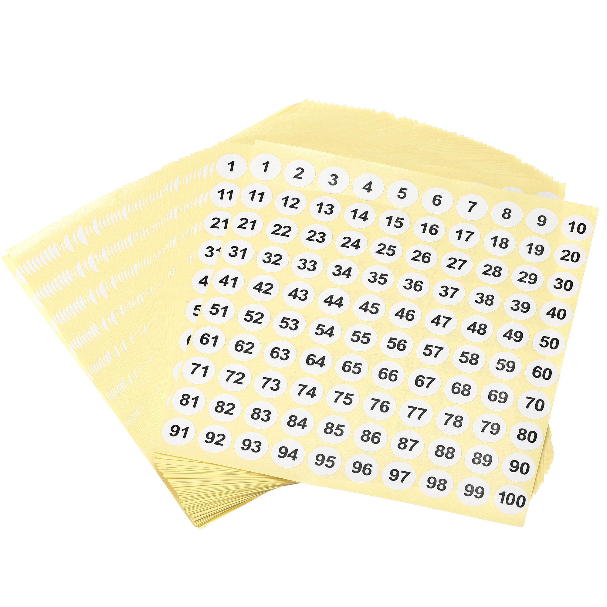 sourcing map Round Number Stickers, 15mm Dia Number 1-100 Coated Paper Label 50 Sheets, Black Word/White Background