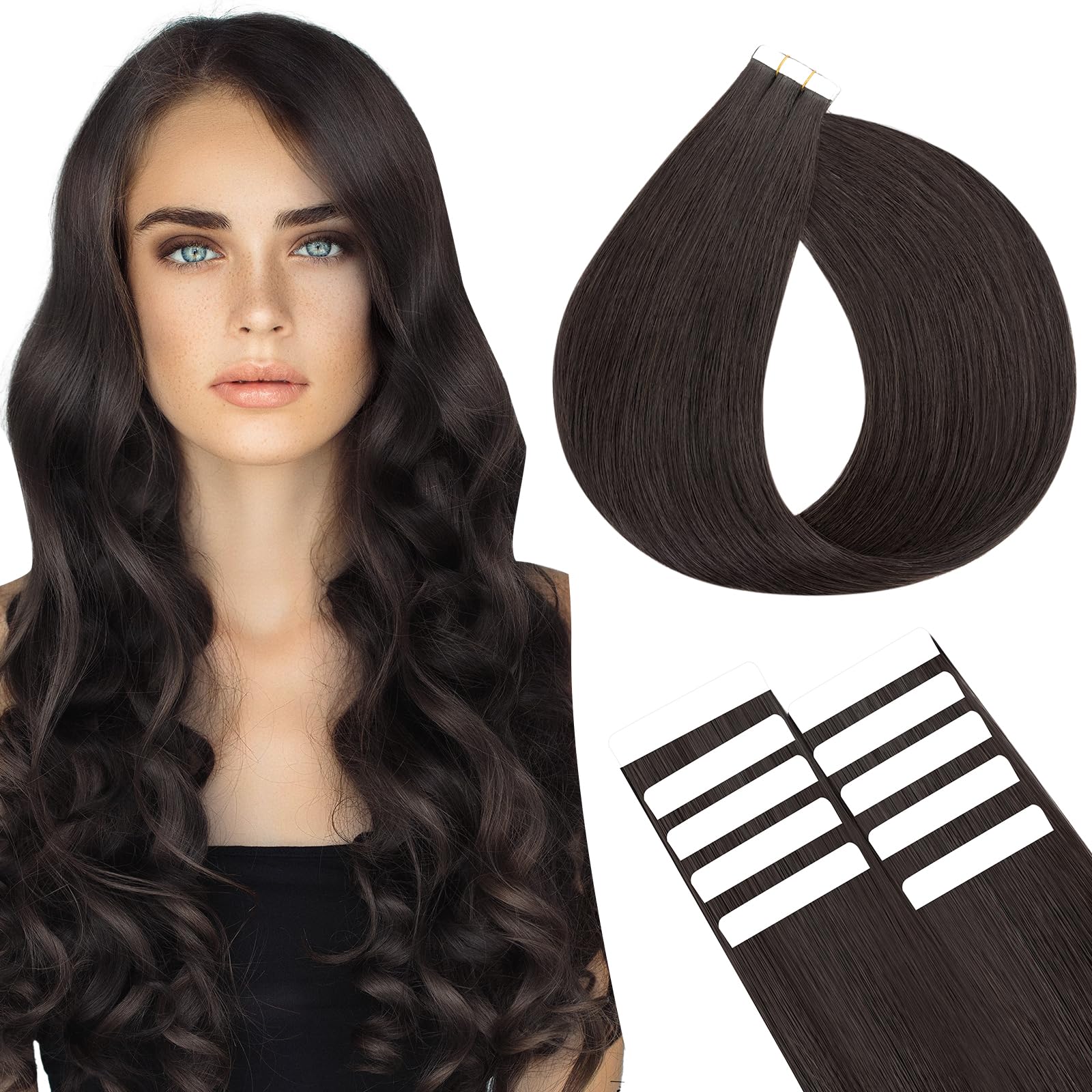 SEGOHAIR 10Pcs Human Hair Tape in Extensions, 20" Thin Tape Hair Extensions,Human Hairpieces Tape in Hair Extensions with 5pcs Replacement Tape Natural Black(15g) — image 1
