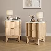 TROJM Fluted Nightstand Set of 2,Modern End Table with Faux Marble Top,2 Storage Drawers Side Table,Bedside Table for Bedroom, Living Room,Curved Profile Design Furnitue,Natural Oak