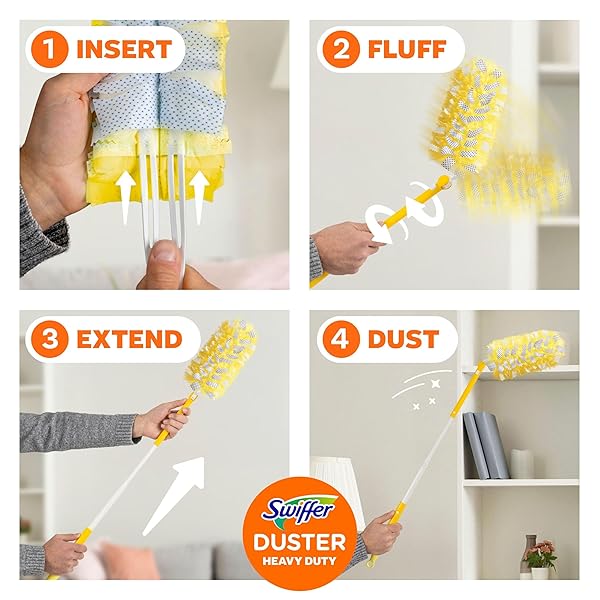 SWIFFER DUSTER HEAVY DUTY DUSTING KIT, CLEANING SUPPLIES, 3 FT EXTENDED HANDLE, 1 DUSTER, 12 REFILLS