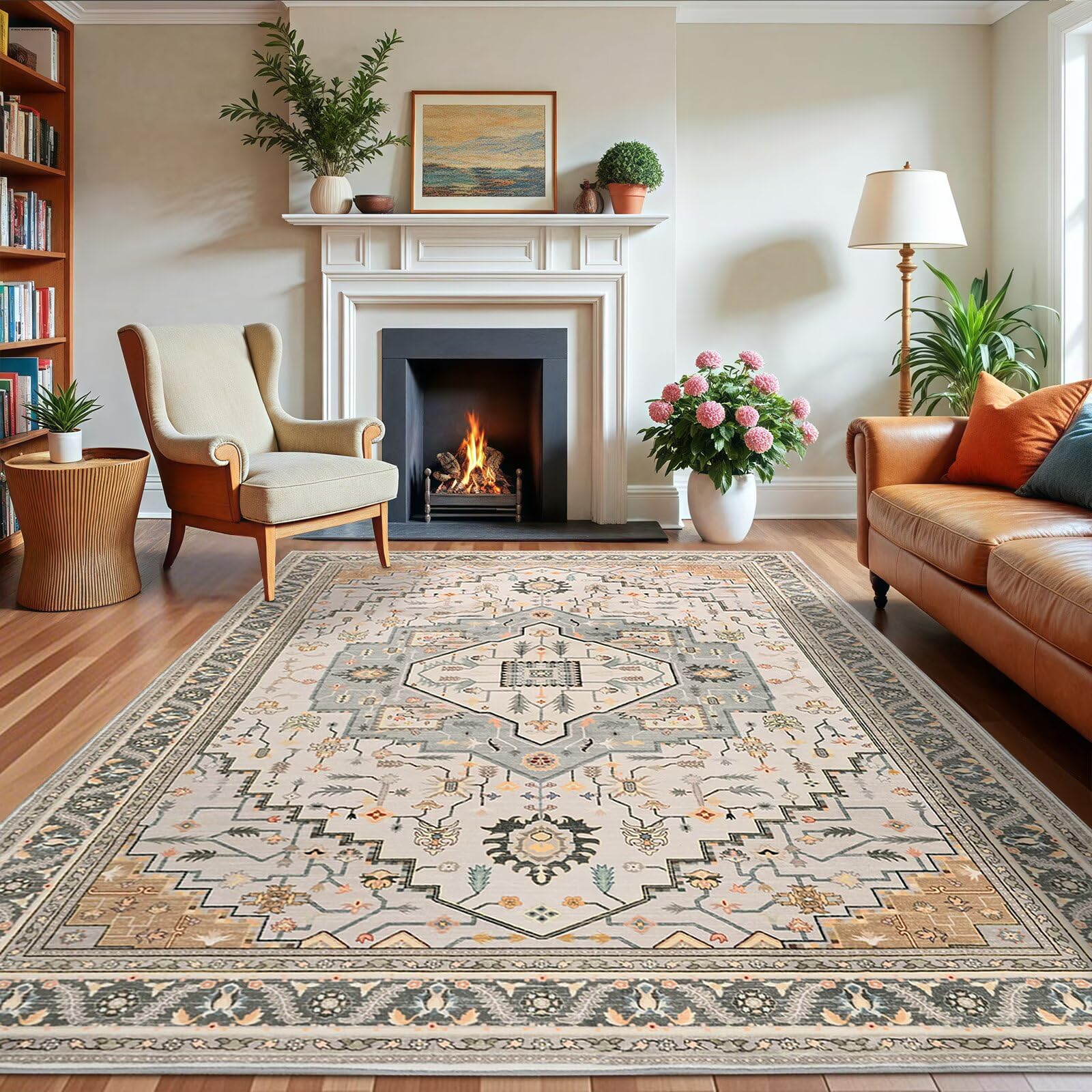 Macgace 6x9 Grey Beige Area Rug for Living Room, Machine Washable Rugs with Non-Slip Backing for Bedroom, Vintage Medallion Carpet Dining Room Office Kids Room Decor Image