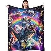 Fowocu Funny Cat Dinosaur Throw Blanket 50" x 60", Fun Cool Colorful Anime Space Cats Blanket, Rainbow Galaxy Soft Cozy Lightweight Flannel Throws Blankets Gifts for Boys Girls Couch Bed Sofa Chair
