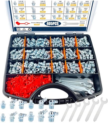 Swpeet 206-Piece Hydraulic Grease Fitting Kit – Metric M6 M8 M10 Straight, 45°, 90° With Plastic Caps And Storage Box