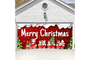 BYMUGO 6 x 13 FT Christmas Garage Door Cover Backdrop Decoration, Large Santa Claus Snowman Gingerbread Reindeer Penguin Gifts in Train Cars Printed Hanging Garage Banner Background for Outdoor Indoor Decor