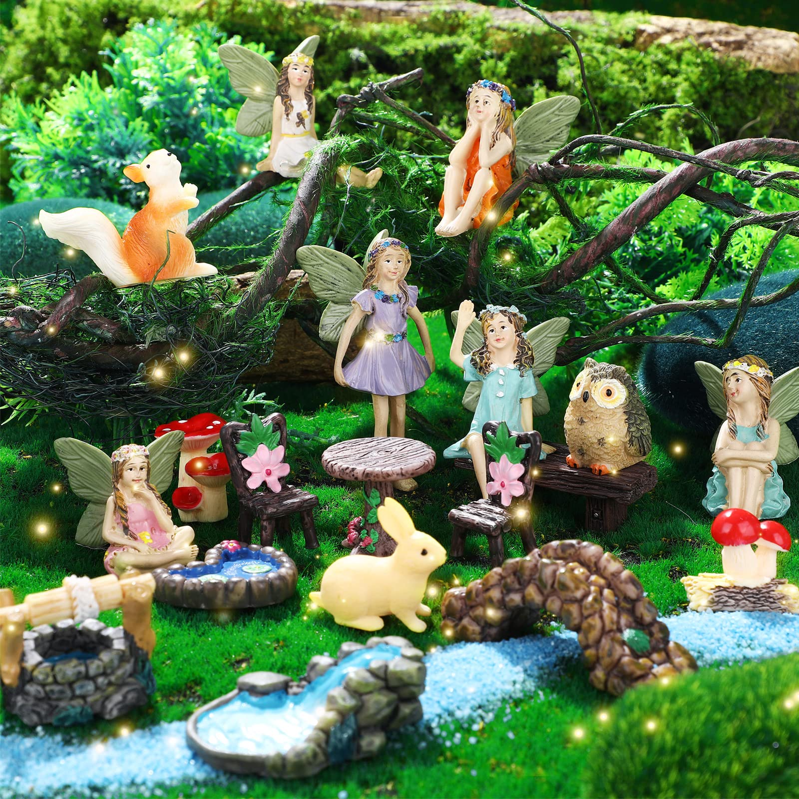 Photo 1 of Roowest 19 Pcs Miniatures Garden Fairies Kit Garden Accessories Miniatures Bunny Squirrel Owl Animals Cute Tiny Mushroom Mini Pond Bridge Figurine for DIY Home Micro Landscape Terrarium Ornaments